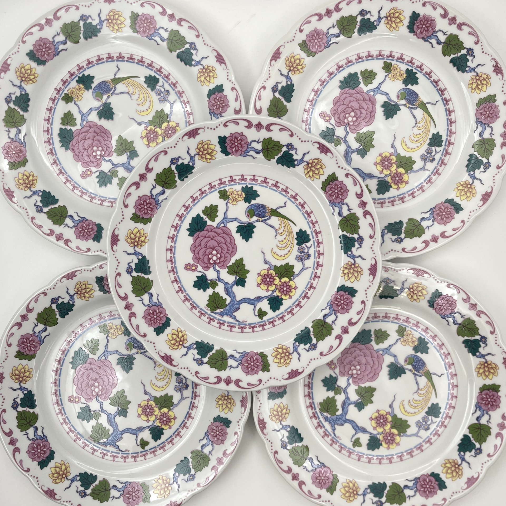 Набор тарелок обеденных на 5 персон "Райские птицы", выполненных в восточном стиле, фарфор, деколь, Kahla, ГДР, 1968-1987 гг.