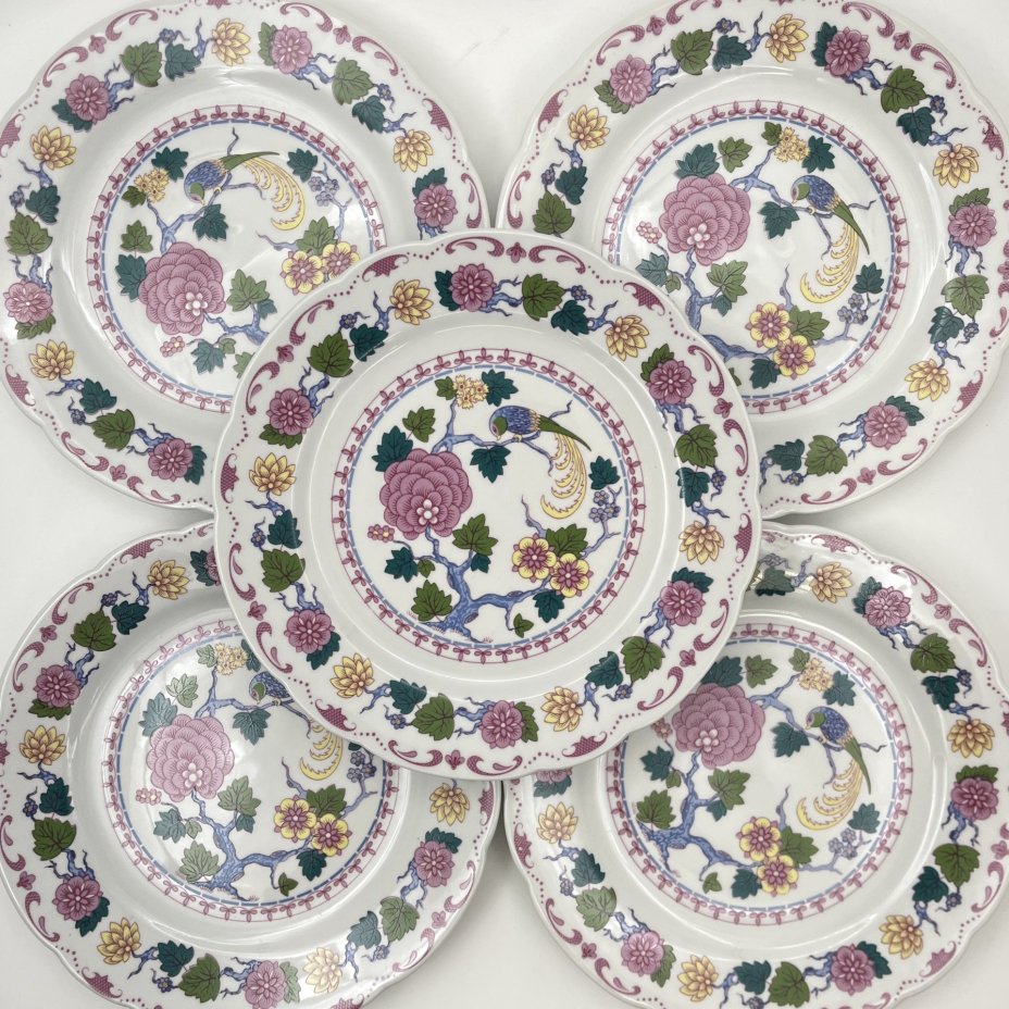 Набор тарелок обеденных на 5 персон "Райские птицы", выполненных в восточном стиле, фарфор, деколь, Kahla, ГДР, 1968-1987 гг.