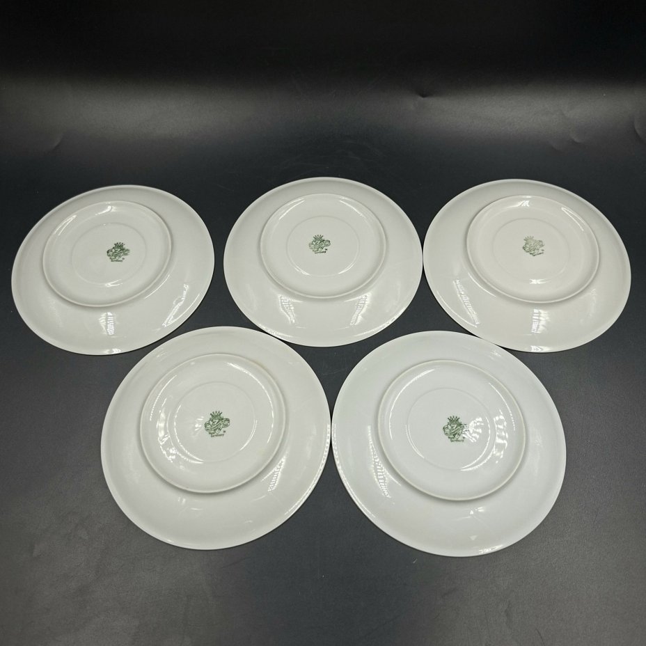 Набор из пяти разноцветных блюдец с геометрическим декором, фарфор, крытье, золочение, Graf Von Henneberg Porzellan, 1777 Jlmenau, Германия, 1949-1973 гг.