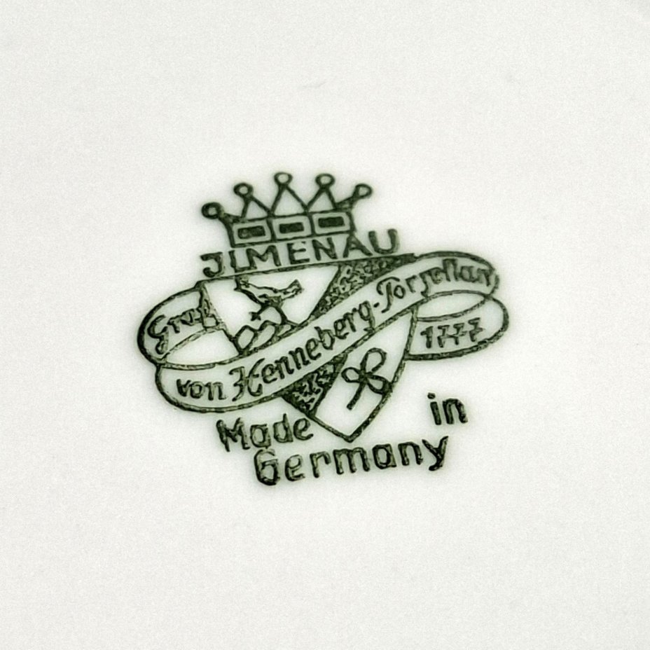 Набор из пяти разноцветных блюдец с геометрическим декором, фарфор, крытье, золочение, Graf Von Henneberg Porzellan, 1777 Jlmenau, Германия, 1949-1973 гг.