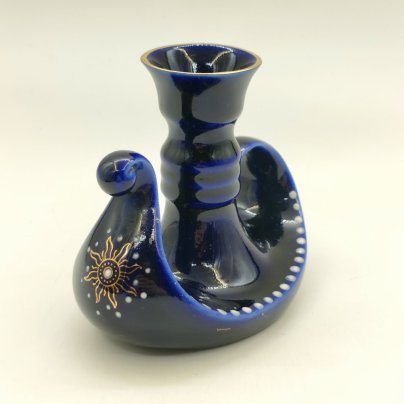 Подсвечник в виде масляной лампы, фарфор, крытье кобальтом, роспись, золочение, Бронницкий завод фарфоровых изделий «Возрождение», СССР, 1980-1990 гг.