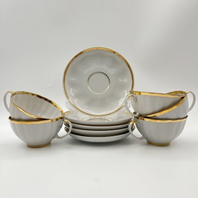Набор чайных пар с лаконичным декором на 5 персон, фарфор, золочение, Дулевский фарфоровый завод (Дулёво), СССР, 1988-1989 гг.