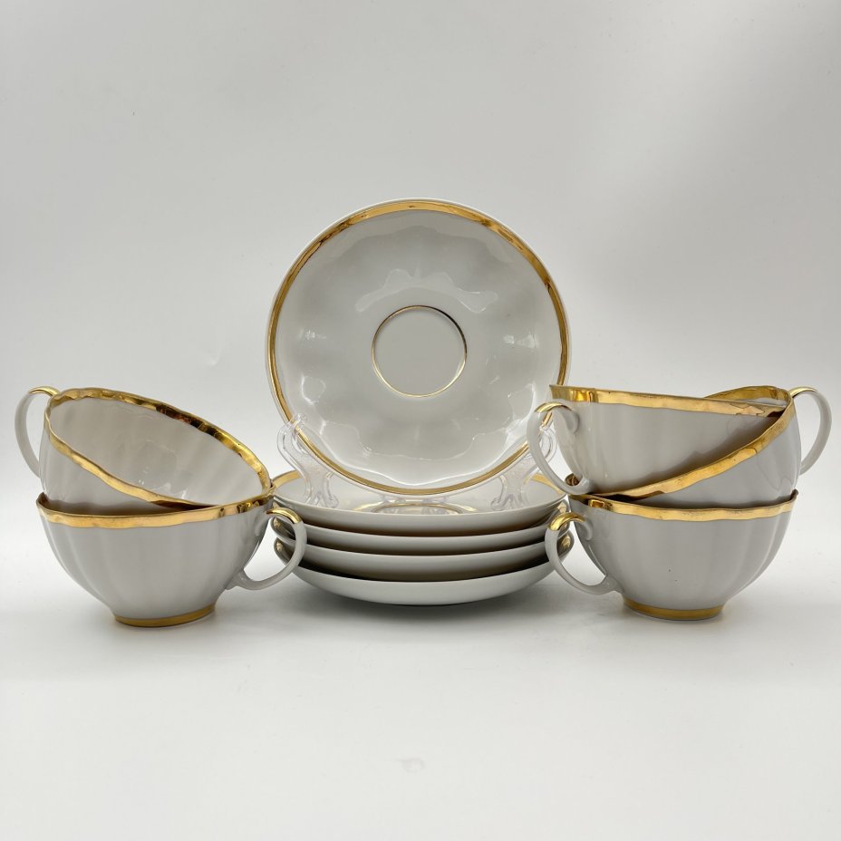 Набор чайных пар с лаконичным декором на 5 персон, фарфор, золочение, Дулевский фарфоровый завод (Дулёво), СССР, 1988-1989 гг.