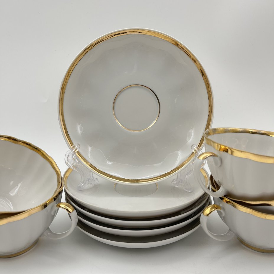 Набор чайных пар с лаконичным декором на 5 персон, фарфор, золочение, Дулевский фарфоровый завод (Дулёво), СССР, 1988-1989 гг.