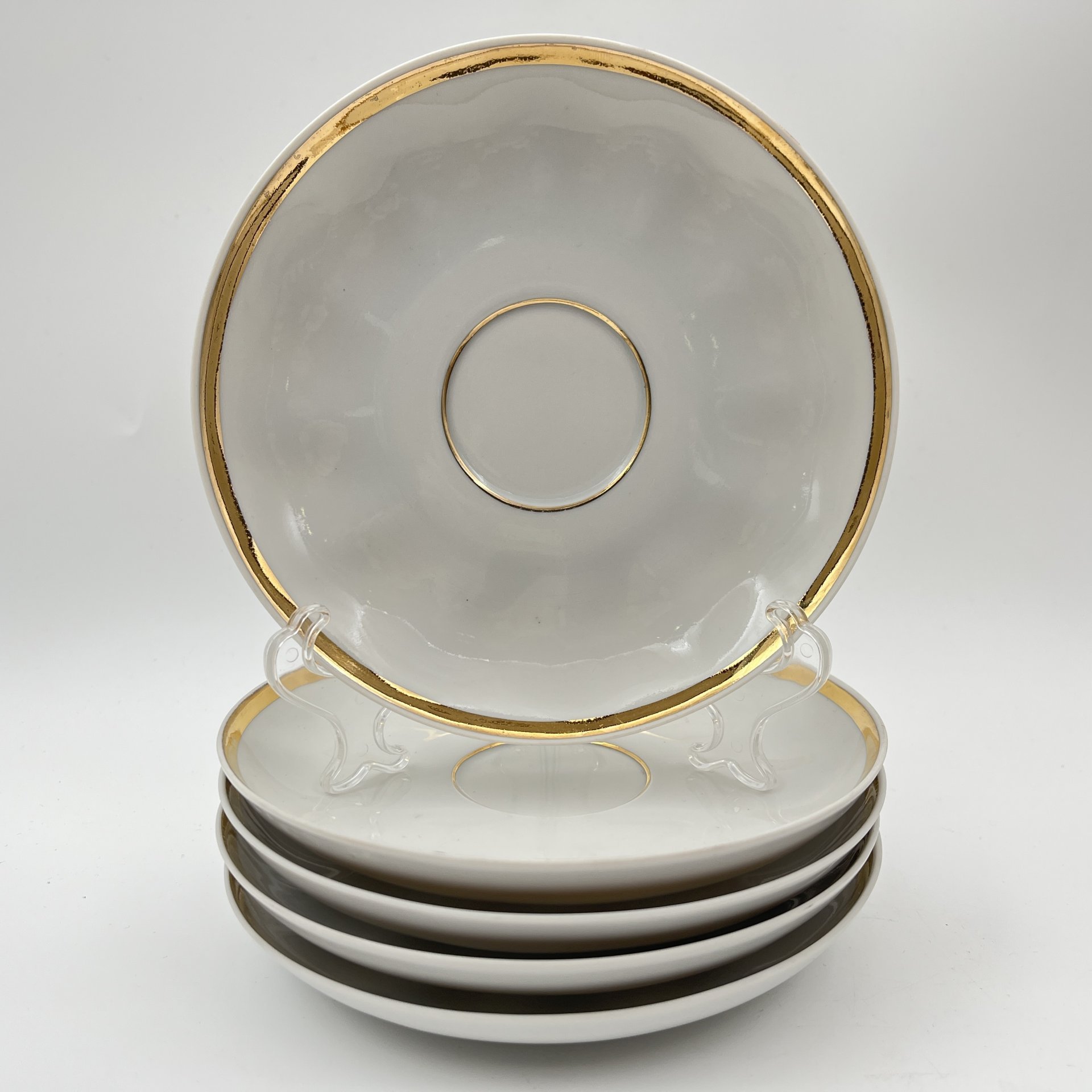 Набор чайных пар с лаконичным декором на 5 персон, фарфор, золочение, Дулевский фарфоровый завод (Дулёво), СССР, 1988-1989 гг.