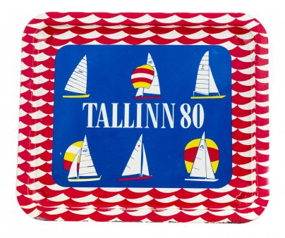 Поднос декоративный "Таллин 80" с изображением, посвященным проведению  олимпийской регаты, металл, СССР, 1979-1980 гг.