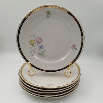 Набор обеденных тарелок с цветочным декором и золотистым кантом на 6 персон, фарфор, деколь, золочение, Porzellanfabrik Kalk (KPE), ГДР, 1950-1990 гг.