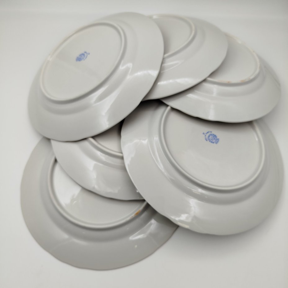 Набор обеденных тарелок с цветочным декором и золотистым кантом на 6 персон, фарфор, деколь, золочение, Porzellanfabrik Kalk (KPE), ГДР, 1950-1990 гг.