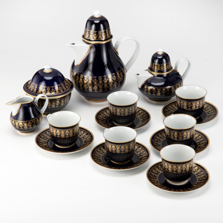 Сервиз чайный "Echt Kobalt" с ажурным орнаментом, на 6 персон, (16 предметов), фарфор, деколь, золочение, Graf Von Henneberg Porzellan, 1777 Jlmenau, Германия, 1977-1990 гг.