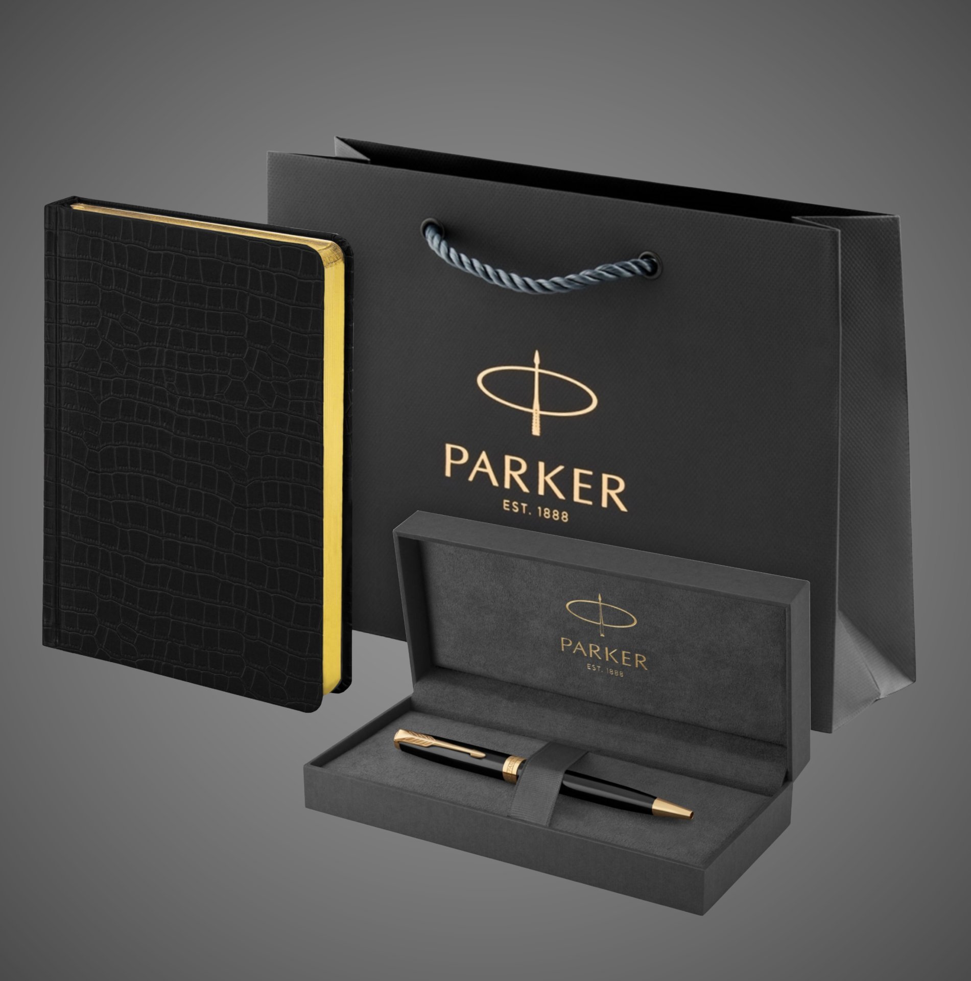 Подарочный набор Parker: шариковая ручка Parker Sonnet GT и ежедневник чёрного цвета с имитацией под кожу рептилии, Лаки и смолы: лак, латунь, нержавеющая сталь, позолота