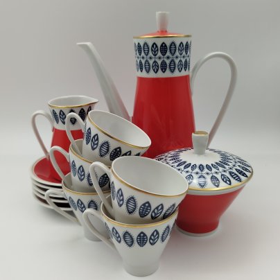 Сервиз кофейный  на 5 персон (13 предметов) с растительным декором, фарфор, крытье, деколь, Freiberger Porzellan, ГДР, 1970-1980 гг.