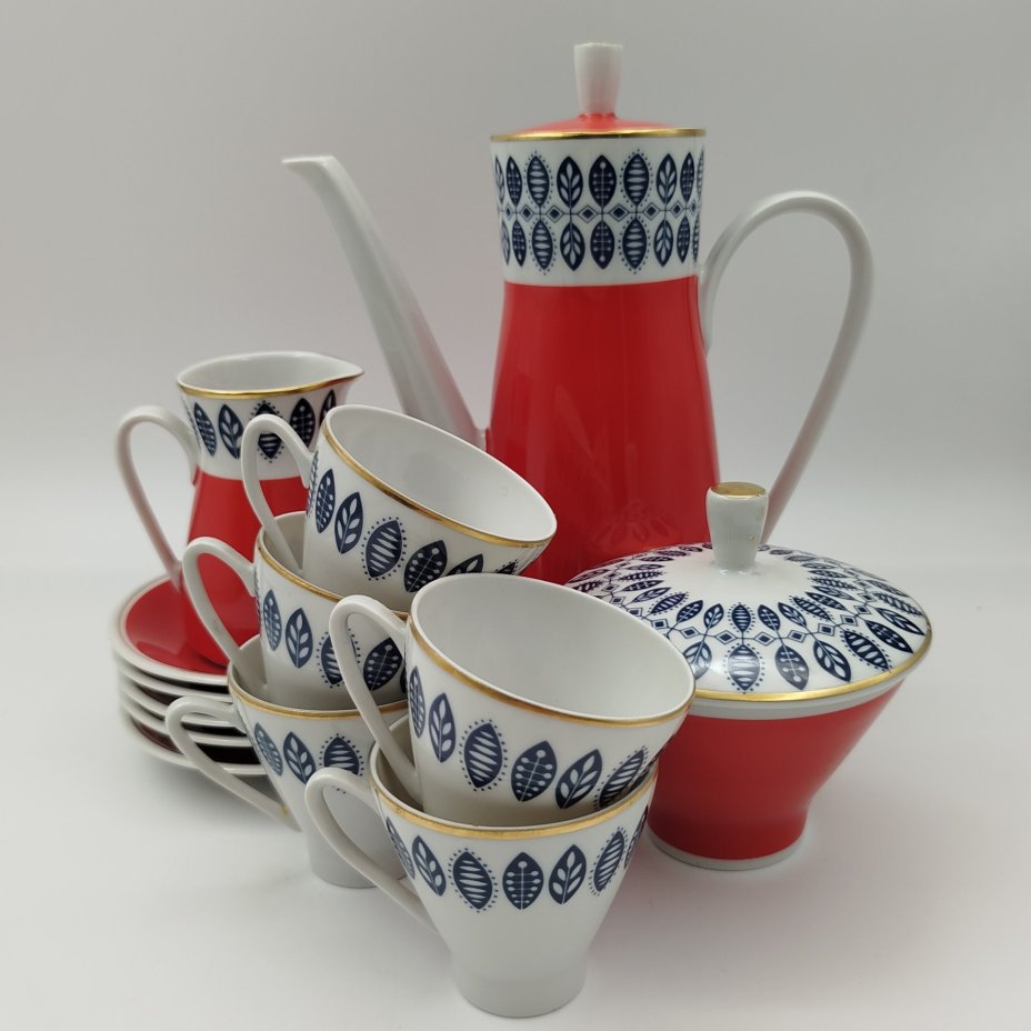 Сервиз кофейный  на 5 персон (13 предметов) с растительным декором, фарфор, крытье, деколь, Freiberger Porzellan, ГДР, 1970-1980 гг.