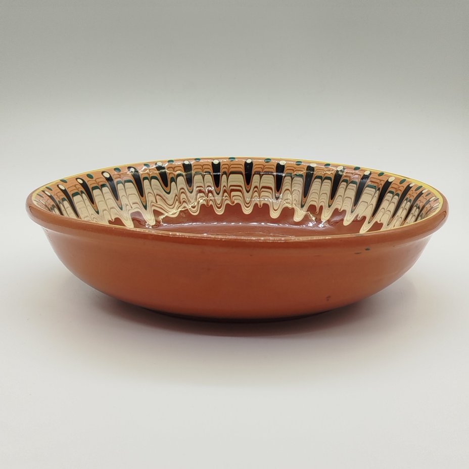 Салатник с абстрактным декором вдоль борта, керамика, цветные поливы, Болгария, 1960-1980 гг.