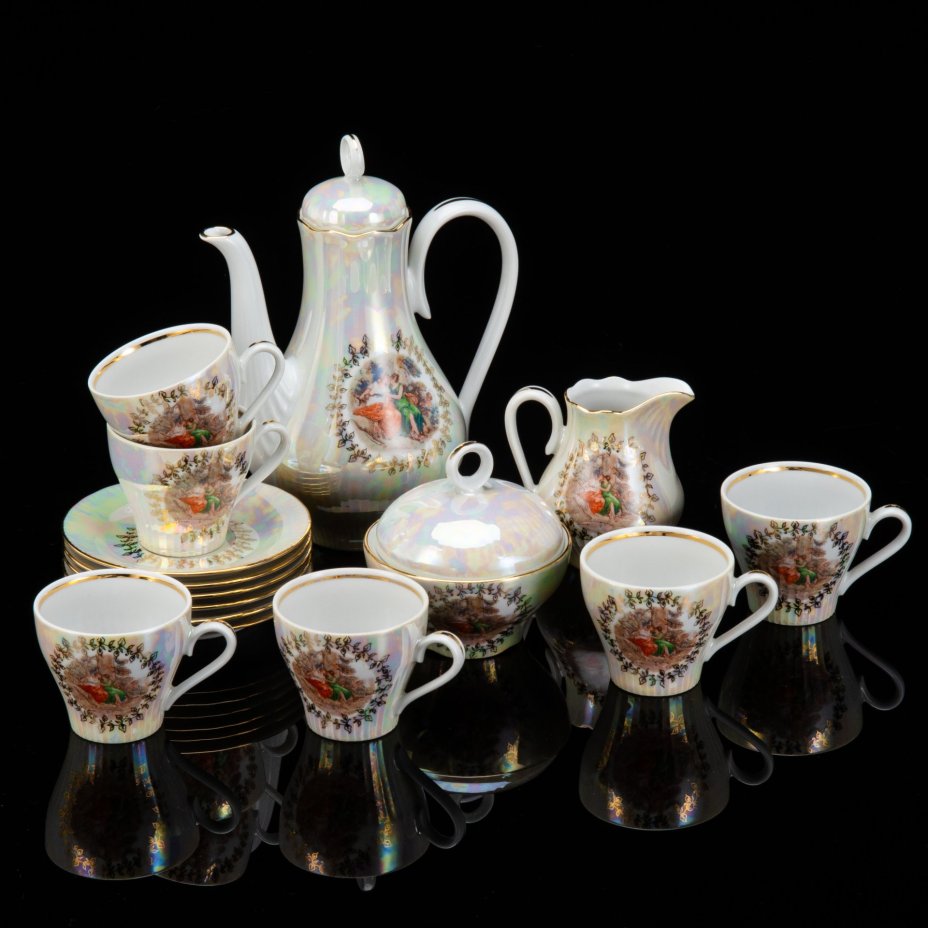 Сервиз кофейный "Мадонна" на 6 персон (15 предметов), фарфор, люстр, деколь, золочение, Германия, 1980-1990 гг.