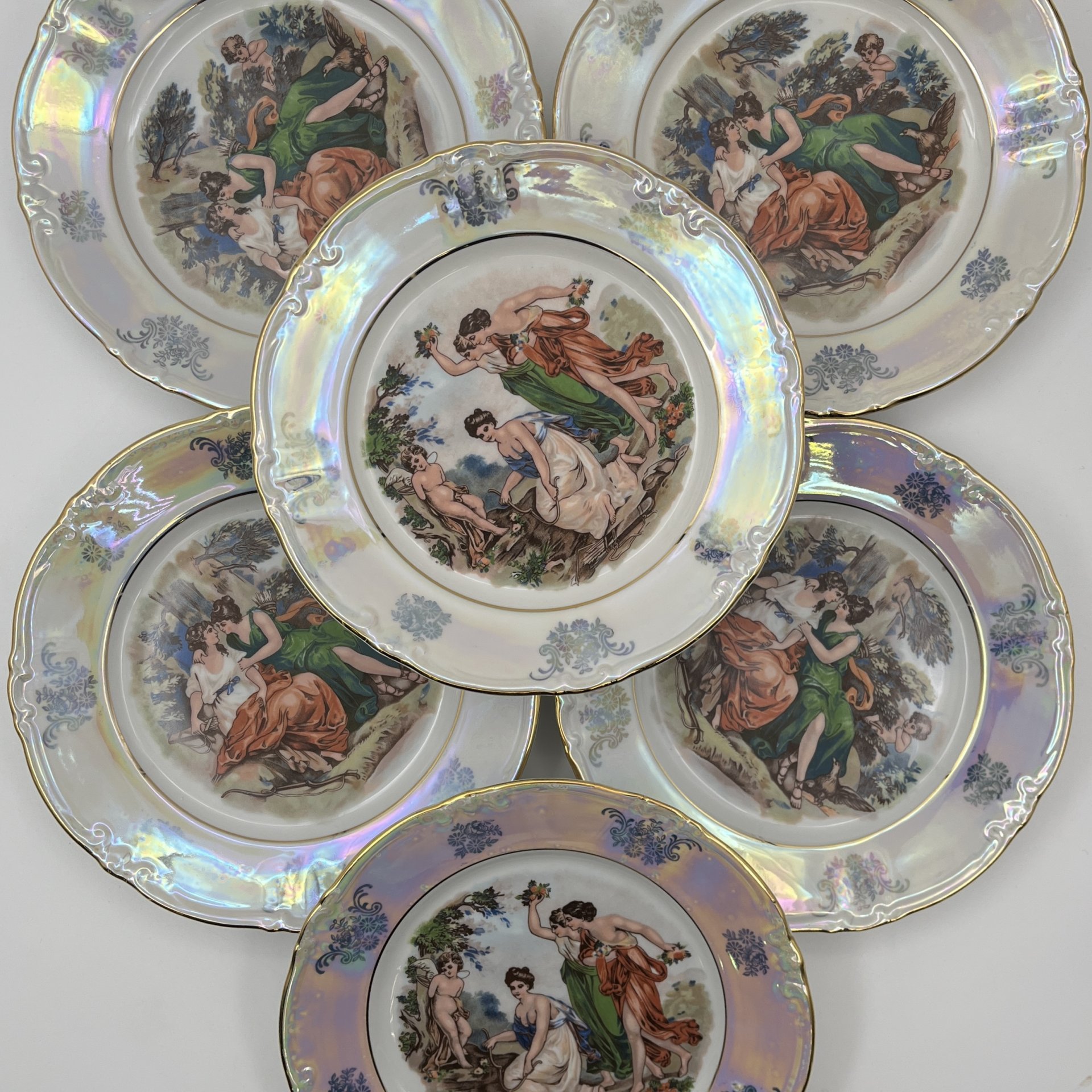 Набор из 6-ти десертных тарелок"Мадонна", фарфор, деколь, люстр, золочение, Kahla, ГДР, 1967-1987 гг.