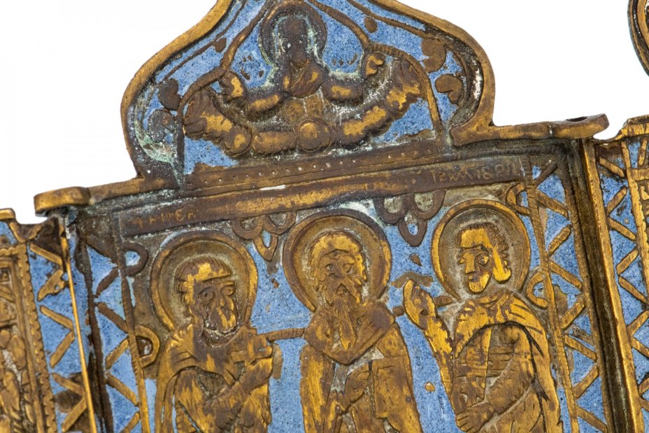 Складень трехстворчатый с избранными Святыми "Антипа, Флор и Лавр", бронза, синяя эмаль, Российская Империя, 1850-1890 гг.