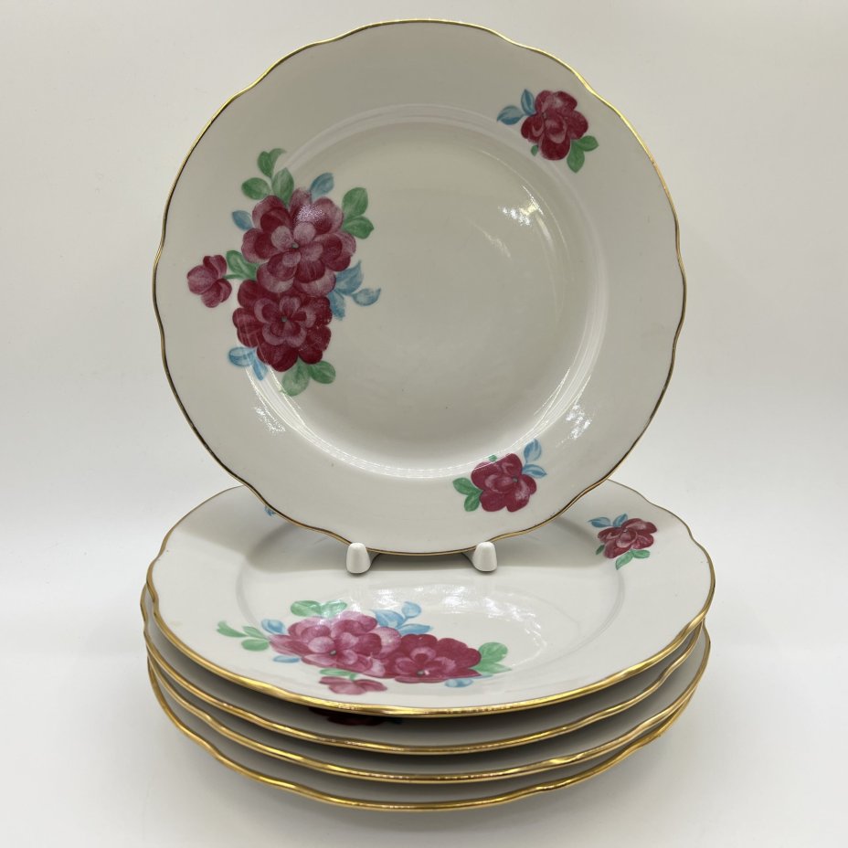 Набор обеденных тарелок с цветочным декором на 5 персон, фарфор, деколь, золочение, Дулевский фарфоровый завод (Дулёво), СССР, 1970-1991 гг.