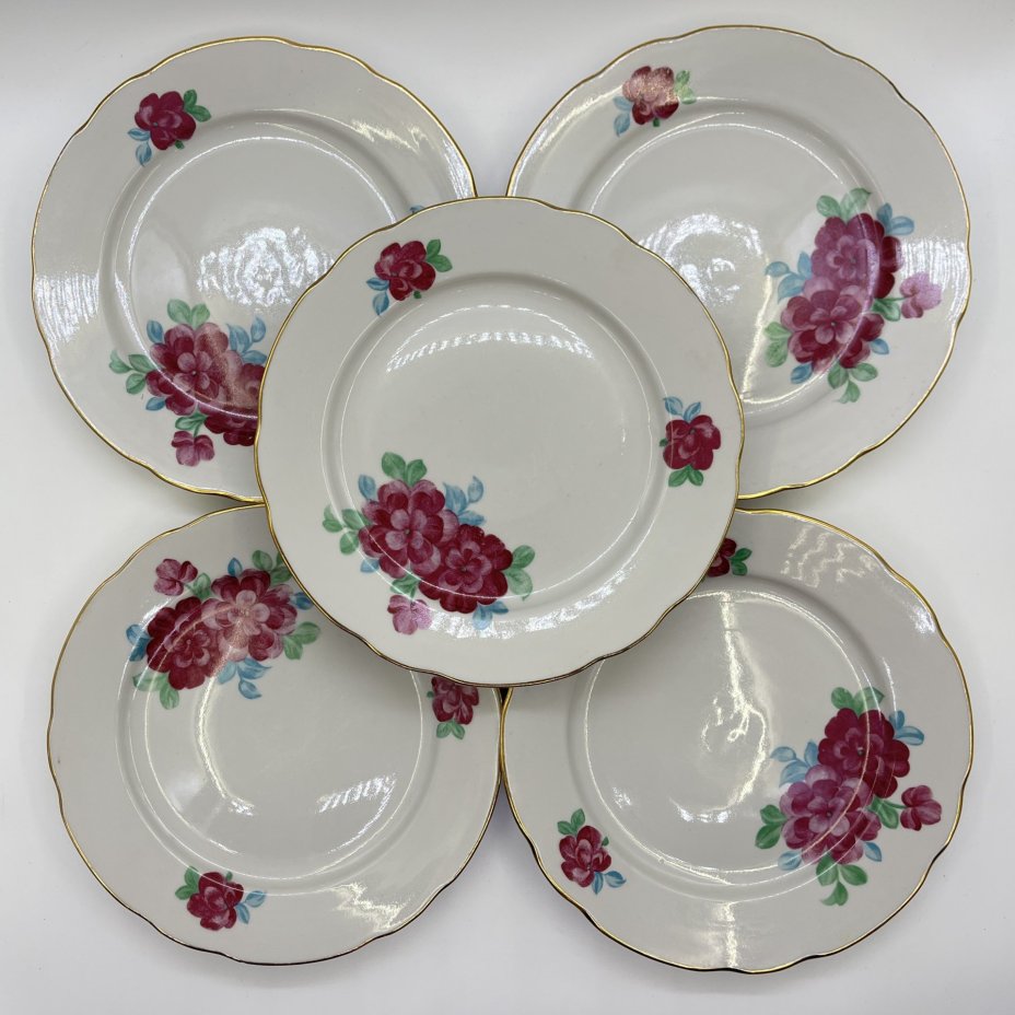 Набор обеденных тарелок с цветочным декором на 5 персон, фарфор, деколь, золочение, Дулевский фарфоровый завод (Дулёво), СССР, 1970-1991 гг.