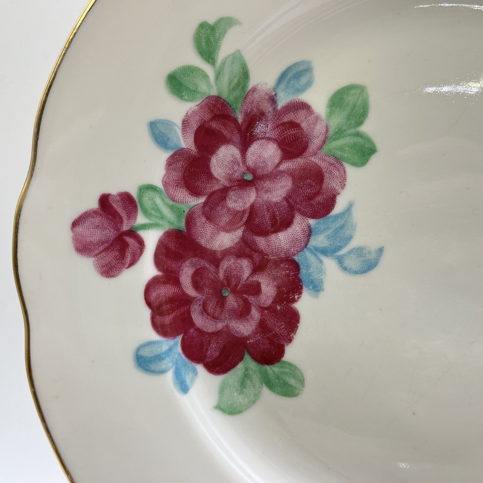 Набор обеденных тарелок с цветочным декором на 5 персон, фарфор, деколь, золочение, Дулевский фарфоровый завод (Дулёво), СССР, 1970-1991 гг.