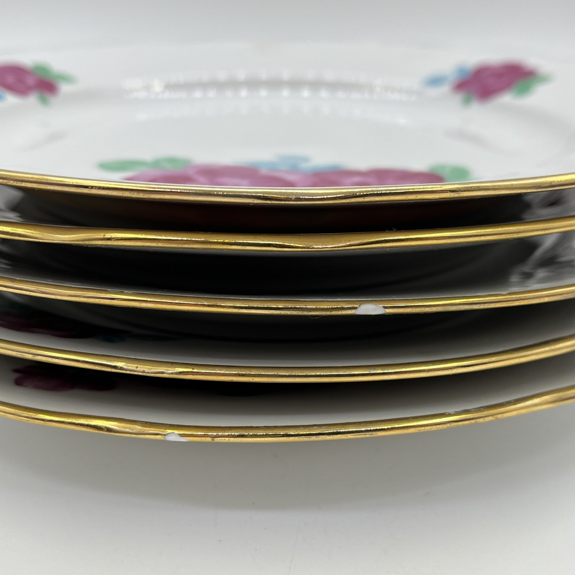 Набор обеденных тарелок с цветочным декором на 5 персон, фарфор, деколь, золочение, Дулевский фарфоровый завод (Дулёво), СССР, 1970-1991 гг.