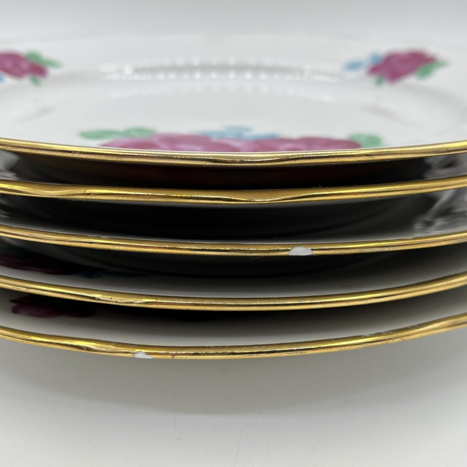 Набор обеденных тарелок с цветочным декором на 5 персон, фарфор, деколь, золочение, Дулевский фарфоровый завод (Дулёво), СССР, 1970-1991 гг.