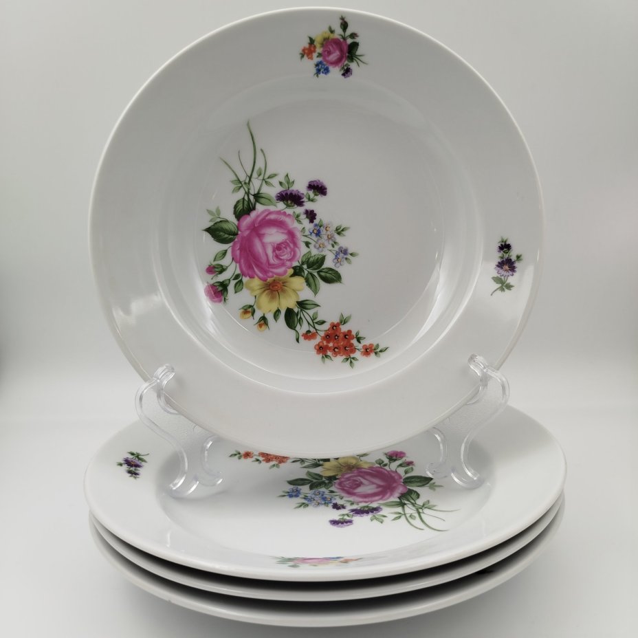 Набор суповых тарелок на 4 персон с изображением цветов, фарфор, деколь, Kahla, ГДР, 1968-1987 гг.