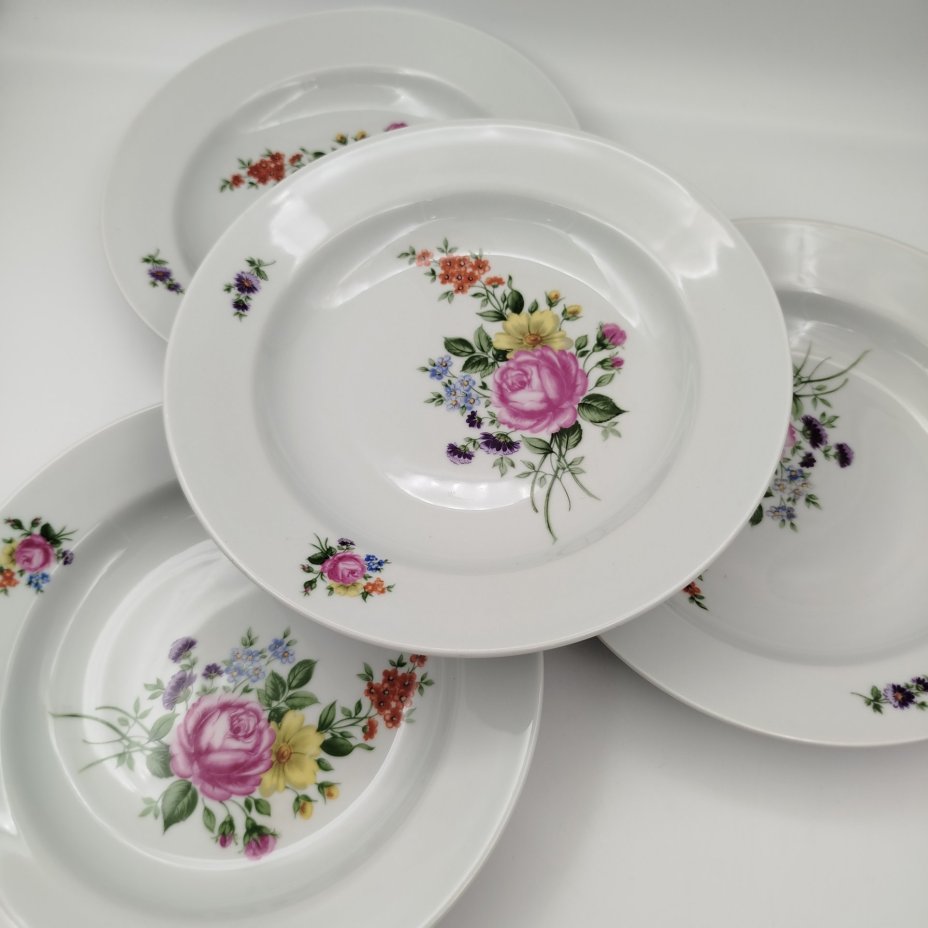 Набор суповых тарелок на 4 персон с изображением цветов, фарфор, деколь, Kahla, ГДР, 1968-1987 гг.