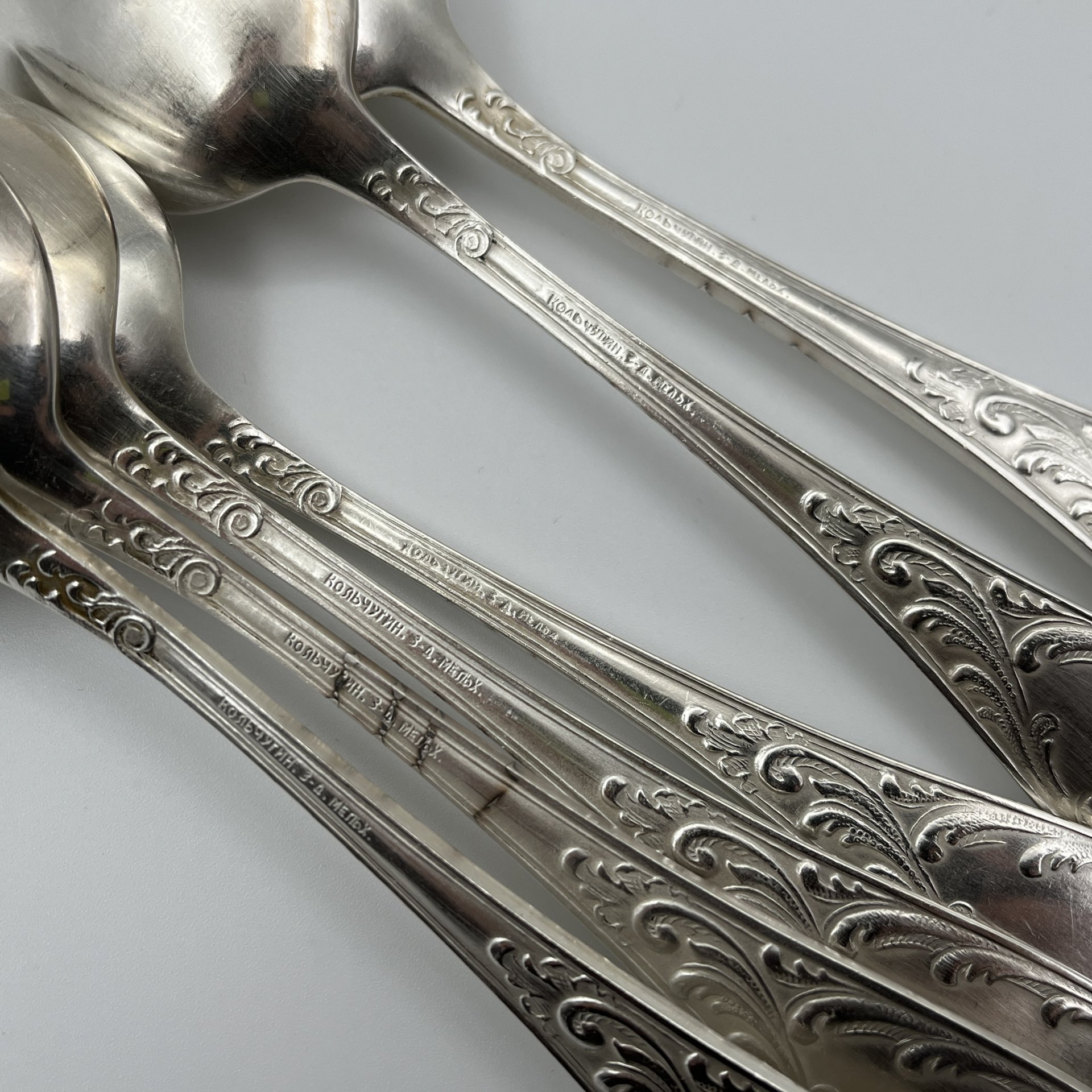 Набор столовых ложек "Пламя" (6 шт.), мНЦ (медь-никель-цинк), Кольчугинский завод цветных металлов, СССР, 1950-1960 гг.