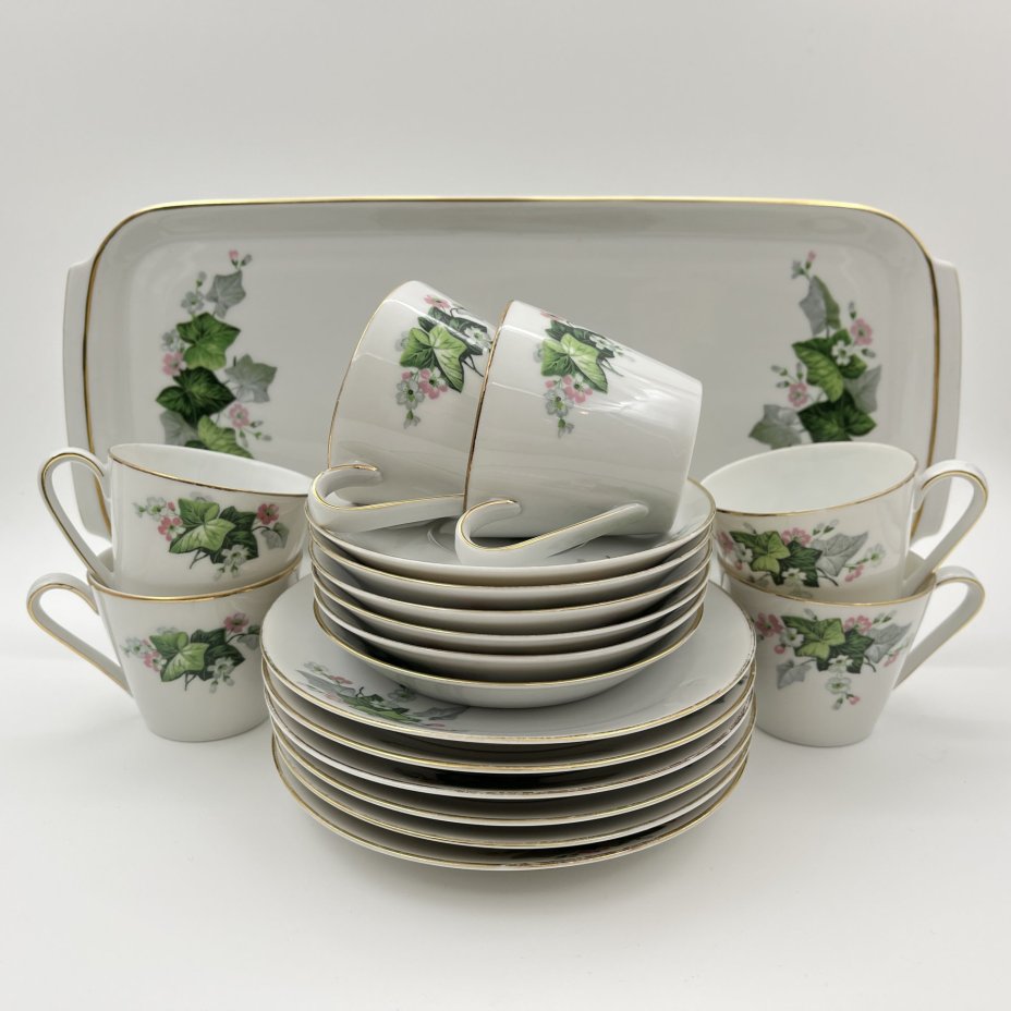 Набор кофейный с цветочным декором на 6 персон (19 предметов), фарфор, деколь, золочение, Schönwald, Германия, 1950-1972 гг.