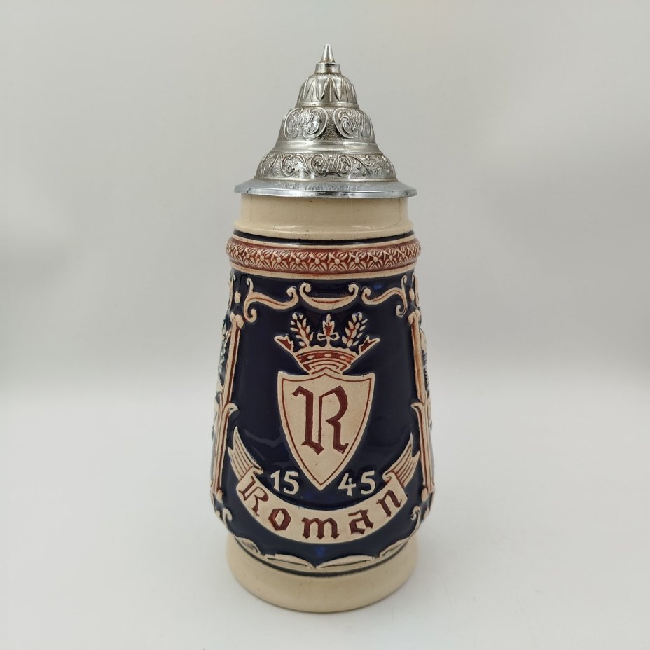 Кружка пивная с крышкой "Roman 1545", керамика, олово, серебрение, Германия, 1960-1990 гг.