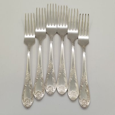 Набор вилок с растительным декором на черенках (6 шт.), мНЦ (медь-никель-цинк), Вольнянский завод столовых приборов им. Шевченко (ЗiШ, ЗиШ), СССР, 1970-1990 гг.