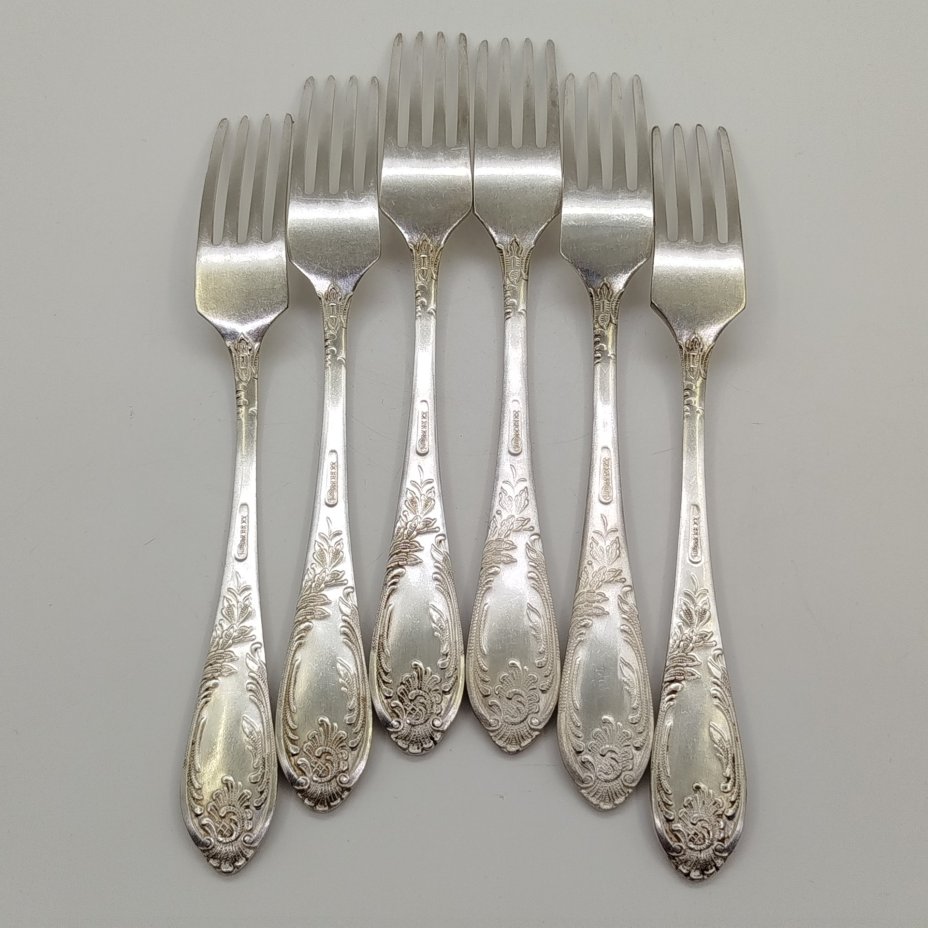 Набор вилок с растительным декором на черенках (6 шт.), мНЦ (медь-никель-цинк), Вольнянский завод столовых приборов им. Шевченко (ЗiШ, ЗиШ), СССР, 1970-1990 гг.