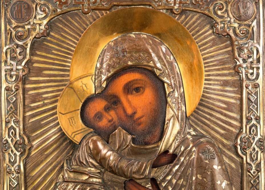 Икона "Богоматерь Владимирская" в окладе с орнаментальным декором