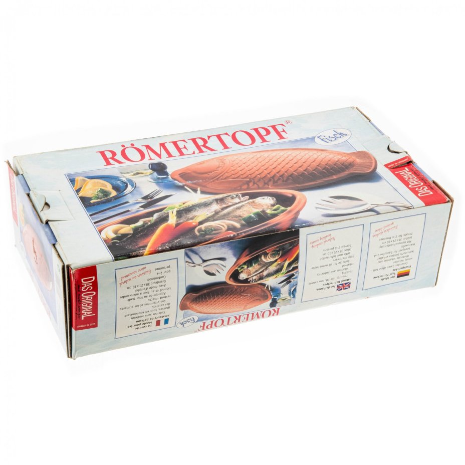 Форма для запекания рыбы (в коробке), керамика, фирма "Römertopf", Германия, 2000-2010 гг., Römertopf