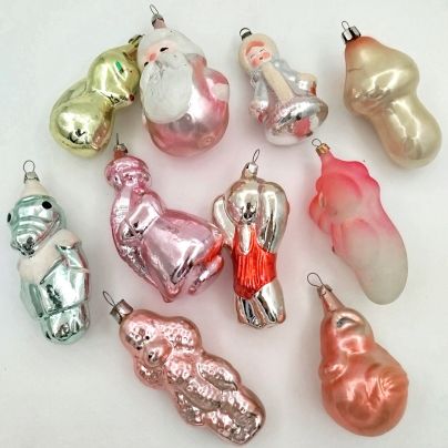 Набор из 9 ёлочных игрушек в виде различных персонажей, стекло, краска, металл, СССР, 1950-1960 гг.