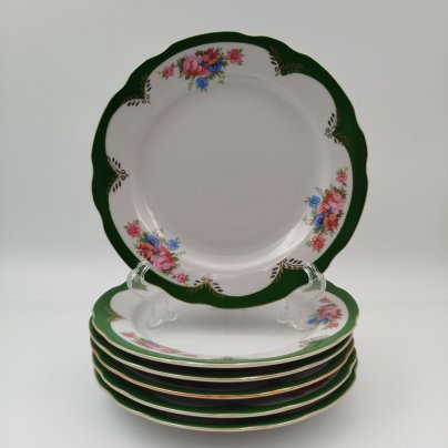 Набор из 6-пирожковых тарелок, из сервиза "Воспоминание", фарфор, деколь, золочение, Дулевский фарфоровый завод (Дулёво), Российская Федерация, 1999 г.