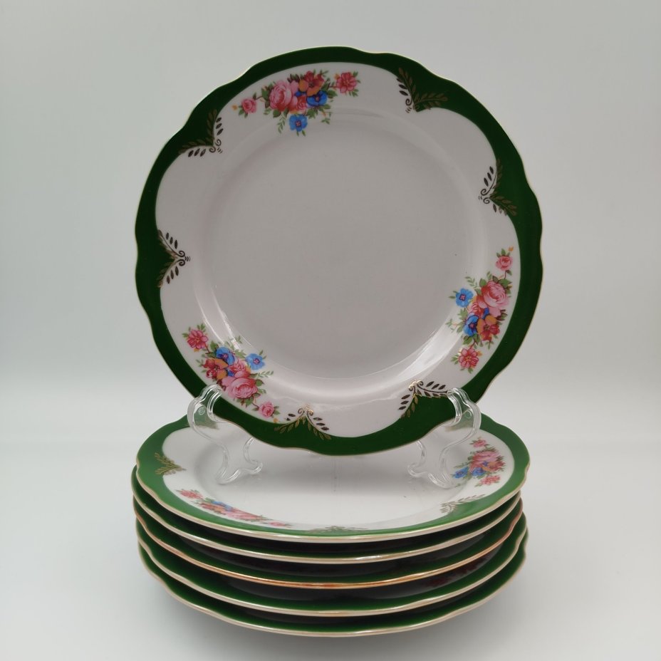 Набор из 6-пирожковых тарелок, из сервиза "Воспоминание", фарфор, деколь, золочение, Дулевский фарфоровый завод (Дулёво), Российская Федерация, 1999 г.