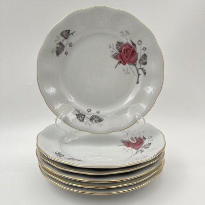 Набор из 6-ти десертных тарелок с изображением розы, фарфор, деколь, золочение, Karolina (Фарфоровая мануфактура «Каролина», Польша), Польша, 1980-1990 гг.