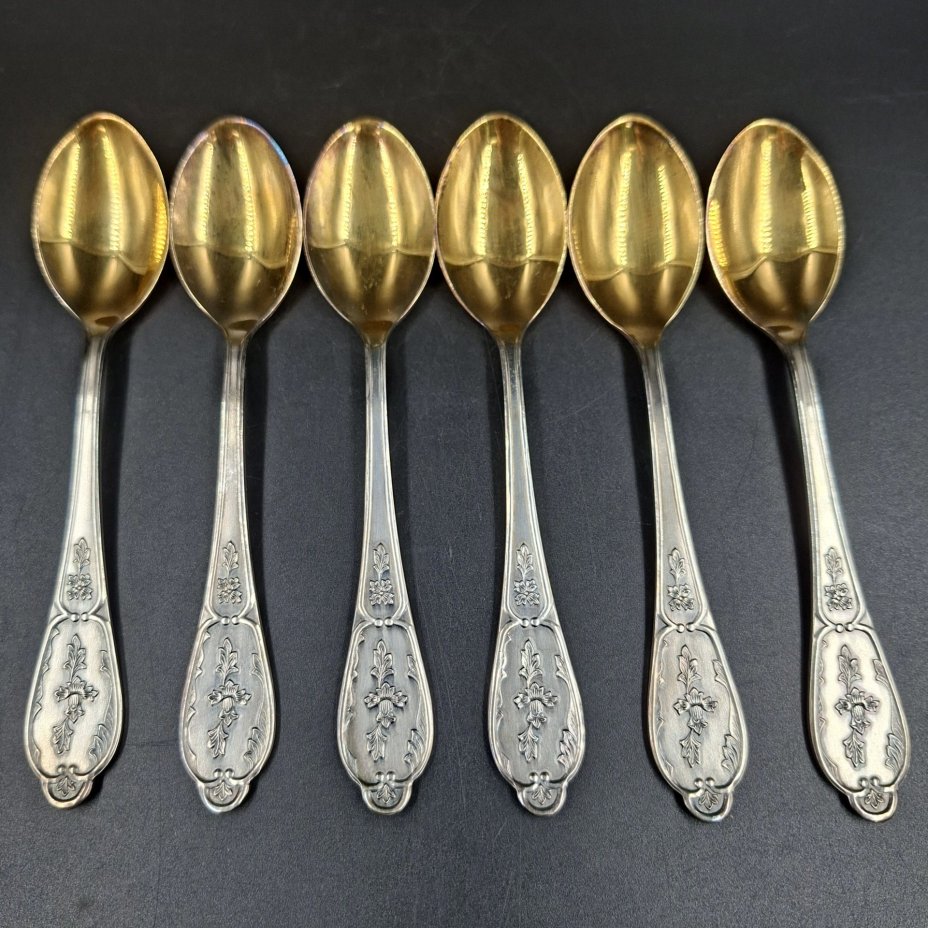 Набор из шести чайных ложек с растительным декором, мНЦ (медь-никель-цинк), золочение, Мстерская художественная фабрика  «Ювелир», СССР, 1980 г.