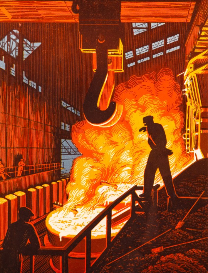 Дмитрий Федорович Фехнер (1897-1973) "Плавка" (металлургия), бумага, цветная линогравюра, в раме, с паспарту