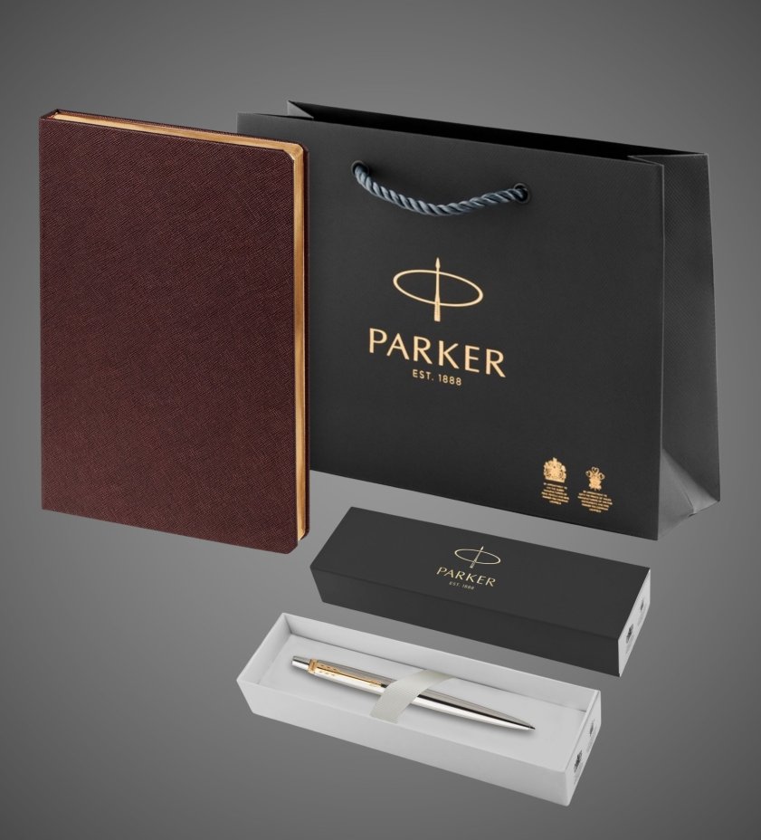 Подарочный набор: Шариковая ручка Parker Jotter Essential, St. Steel GT, стержень: Mblue и Ежедневник недатированный коричневый, Металлы: нержавеющая сталь, позолота, позолота