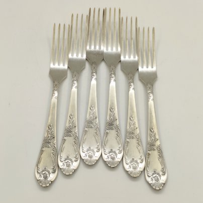 Набор из 6-ти десертных вилок с растительным орнаментом в коробке, мНЦ (медь-никель-цинк), Вольнянский завод столовых приборов им. Шевченко (ЗiШ, ЗиШ), СССР, 1960-1980 гг.