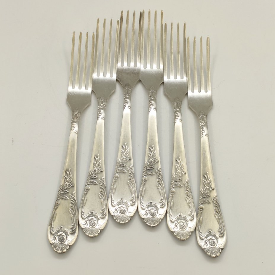 Набор из 6-ти десертных вилок с растительным орнаментом в коробке, мНЦ (медь-никель-цинк), Вольнянский завод столовых приборов им. Шевченко (ЗiШ, ЗиШ), СССР, 1960-1980 гг.