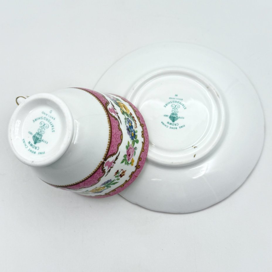 Кофейная пара с цветочным декором, фарфор, деколь, золочение, Crown Staffordshire, Crown Staffordshire
