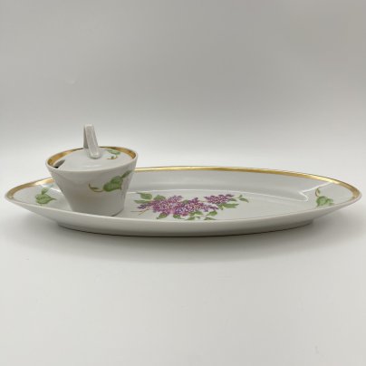 Набор для сервировки "Сирень" (селедочница и горчичница), фарфор, деколь, золочение, Дулевский фарфоровый завод (Дулёво), СССР, 1968-1991 гг.
