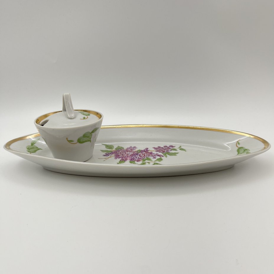 Набор для сервировки "Сирень" (селедочница и горчичница), фарфор, деколь, золочение, Дулевский фарфоровый завод (Дулёво), СССР, 1968-1991 гг.