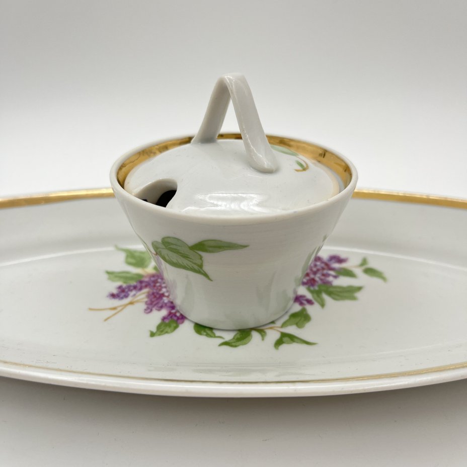 Набор для сервировки "Сирень" (селедочница и горчичница), фарфор, деколь, золочение, Дулевский фарфоровый завод (Дулёво), СССР, 1968-1991 гг.