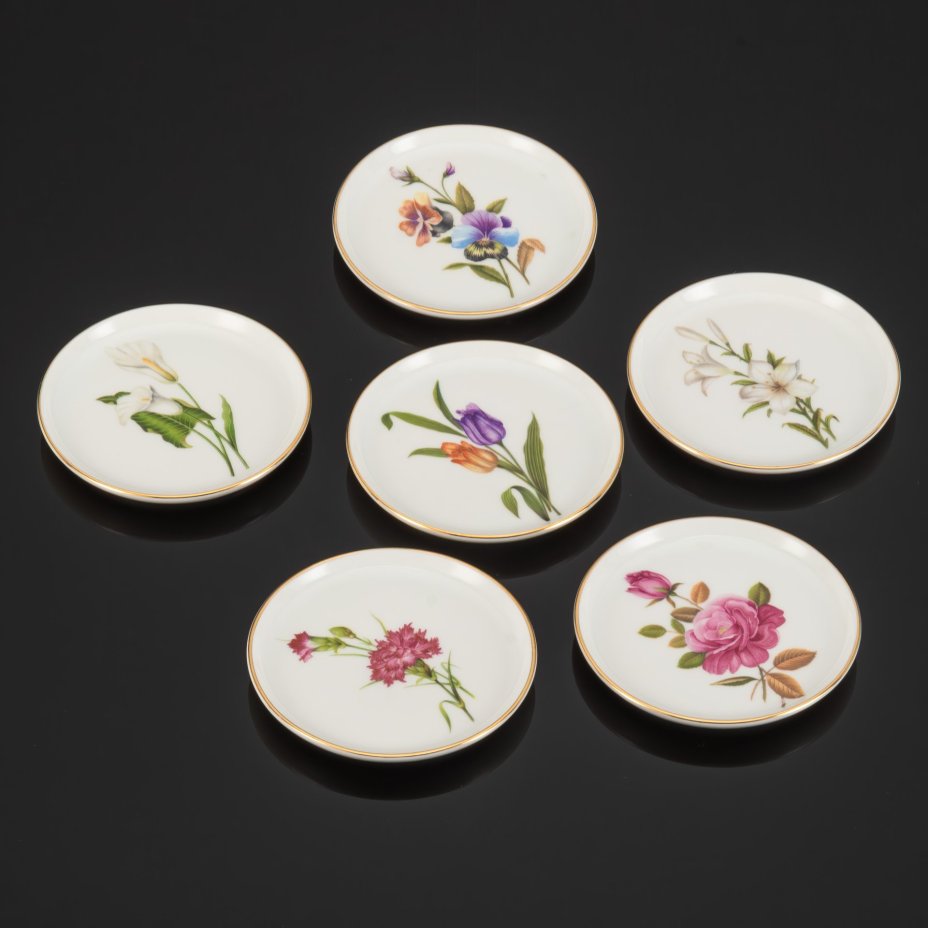 Набор из 6-ти розеток, украшенный цветочными композициями, Furstenberg Porcelain Manufactory (Фюрстенберг), фарфор, деколь, золочение, Германия, 1956-1980 гг.