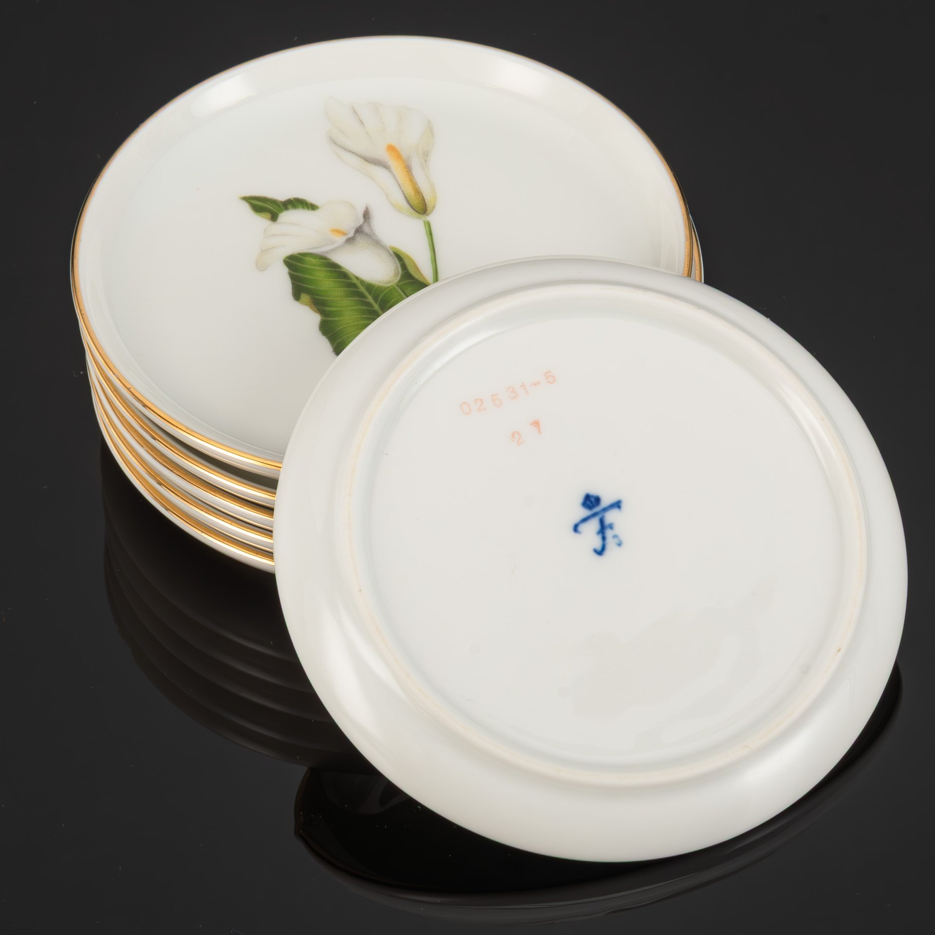 Набор из 6-ти розеток, украшенный цветочными композициями, Furstenberg Porcelain Manufactory (Фюрстенберг), фарфор, деколь, золочение, Германия, 1956-1980 гг.