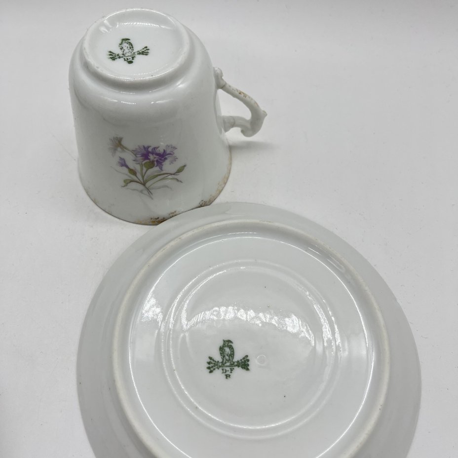 Чайная пара с цветочным декором,  De Fuisseaux Baudour, фарфор, деколь, золочение, Бельгия, 1900-1918 гг.